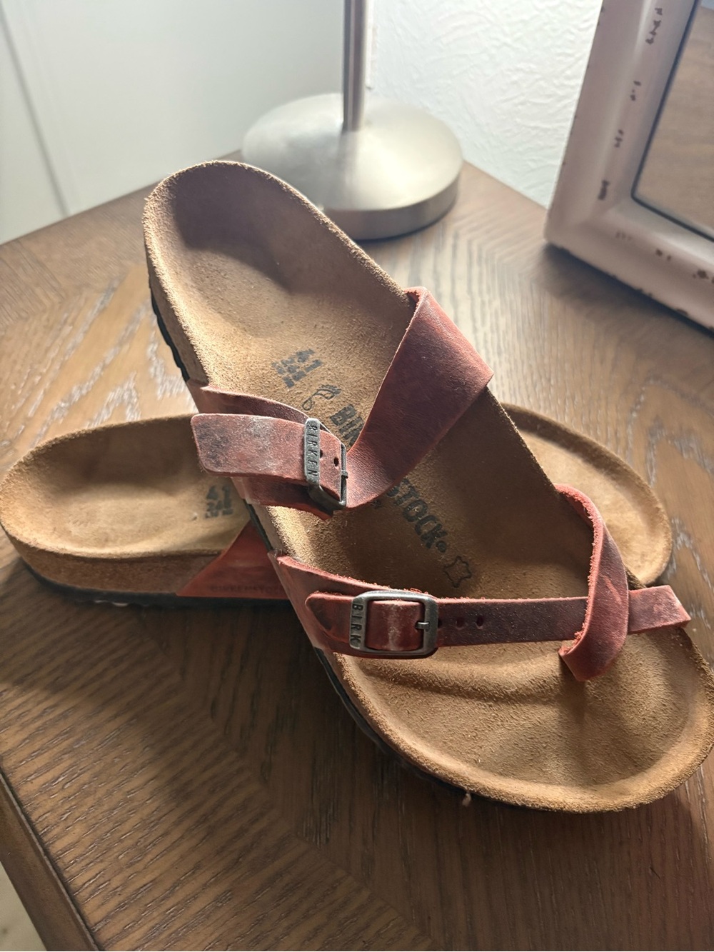 Birkenstock Pink Suede Two-Strap Toe-Loop Sandals
